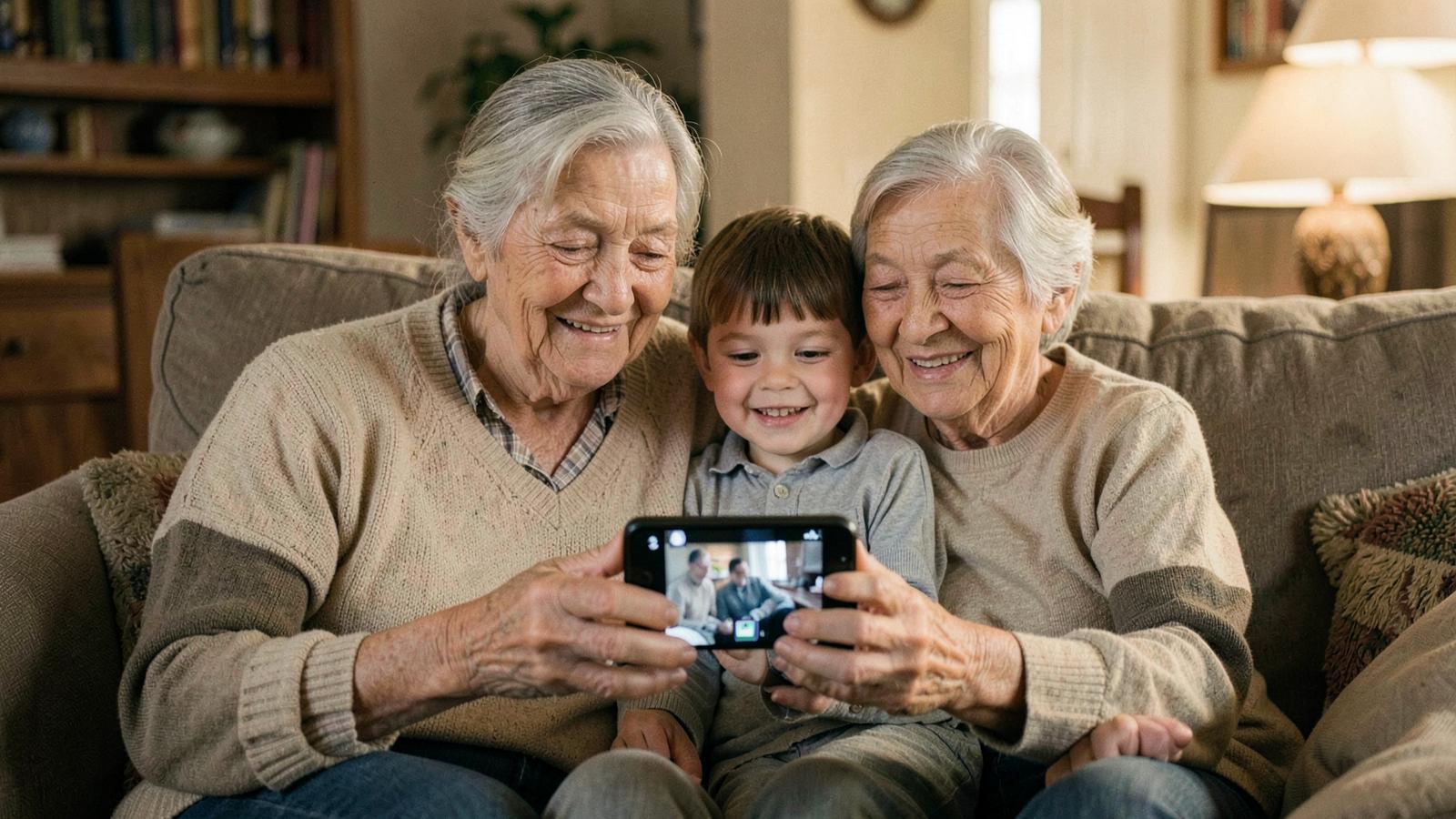Babička s vnukem sledují na telefonu krátké video ze staré fotografie
